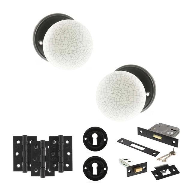 Quality image of Old English Skipton Door Knob Pack (Lock Set - 3" Latch & Deadlock, 3" Fire Rated Hinges x3) - Matt Black | Sku. adpoe59cmkwhmb66 | available from Trade Door Handles.