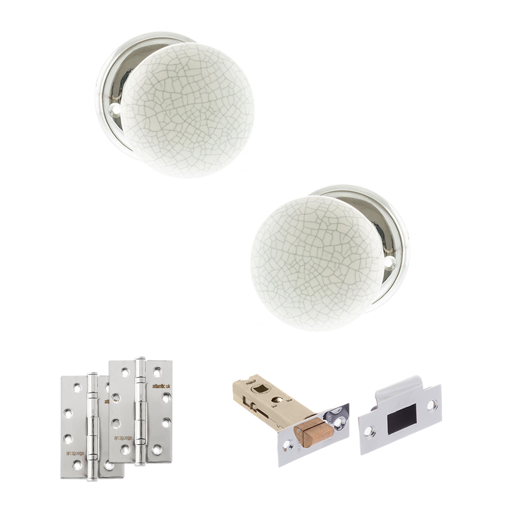 Quality image of Old English Skipton Door Knob Pack (Latch Set - 3" HD Latch, 4" Slim Knuckle Hinges x2) - Polished Chrome | Sku. adpoe59cmkwhpc58 | available from Trade Door Handles.
