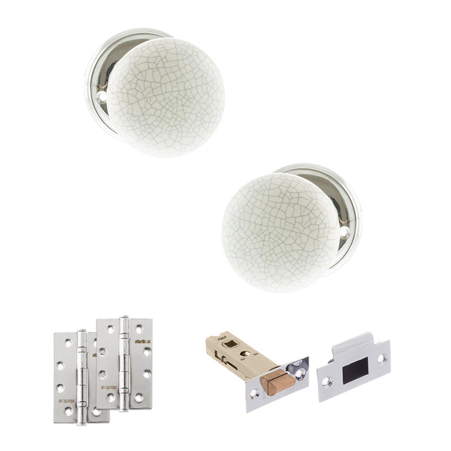 Quality image of Old English Skipton Door Knob Pack (Latch Set - 4" HD Latch, 4" Slim Knuckle Hinges x2) - Polished Chrome | Sku. adpoe59cmkwhpc59 | available from Trade Door Handles.