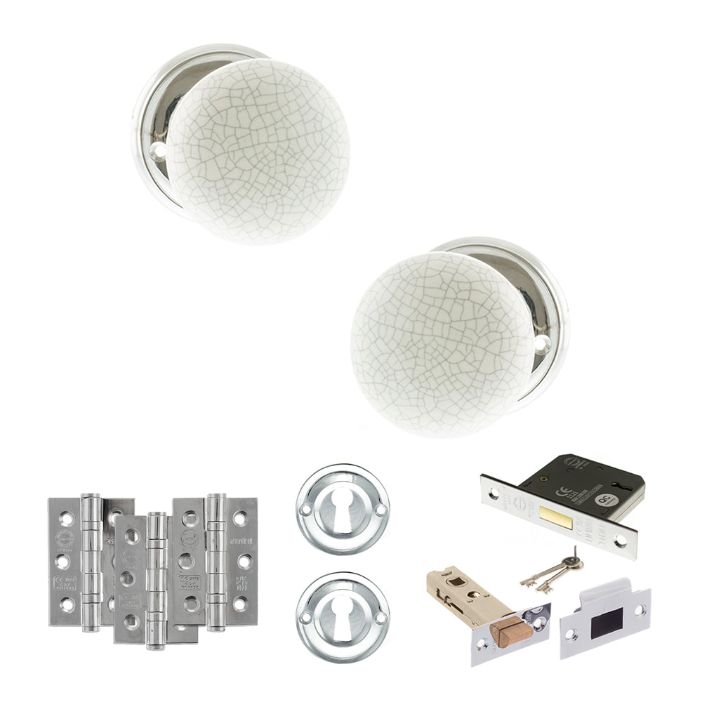 Quality image of Old English Skipton Door Knob Pack (Lock Set - 3" Latch & Deadlock, 3" Fire Rated Hinges x3) - Polished Chrome | Sku. adpoe59cmkwhpc66 | available from Trade Door Handles.