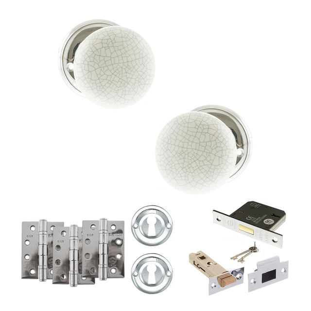 Quality image of Old English Skipton Door Knob Pack (Lock Set - 3" Latch & Deadlock, 4" Fire Rated Hinges x3) - Polished Chrome | Sku. adpoe59cmkwhpc67 | available from Trade Door Handles.