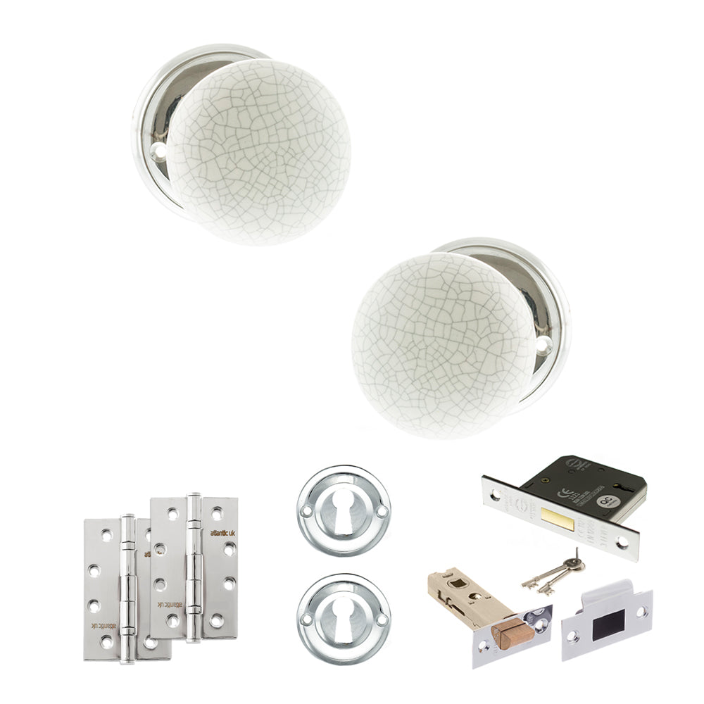 Quality image of Old English Skipton Door Knob Pack (Lock Set - 3" Latch & Deadlock, 4" Slim Knuckle Hinges x2) - Polished Chrome | Sku. adpoe59cmkwhpc68 | available from Trade Door Handles.