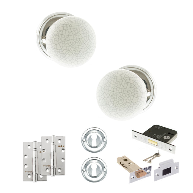 Quality image of Old English Skipton Door Knob Pack (Lock Set - 3" Latch & Deadlock, 4" Slim Knuckle Hinges x2) - Polished Chrome | Sku. adpoe59cmkwhpc68 | available from Trade Door Handles.