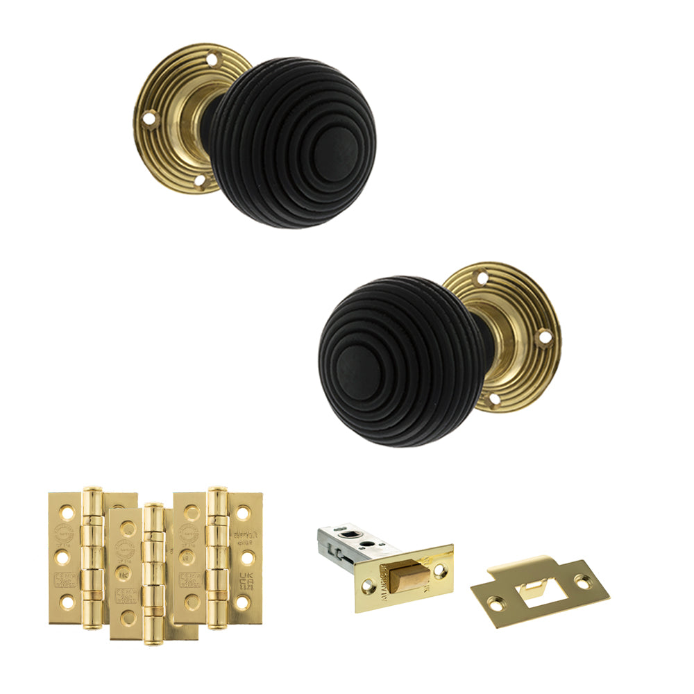 Quality image of Old English Whitby Door Knob Pack (Latch Set - 4" HD Latch, 3" Fire Rated Hinges x3) - Polished Brass | Sku. adpoe60rremkpb55 | available from Trade Door Handles.