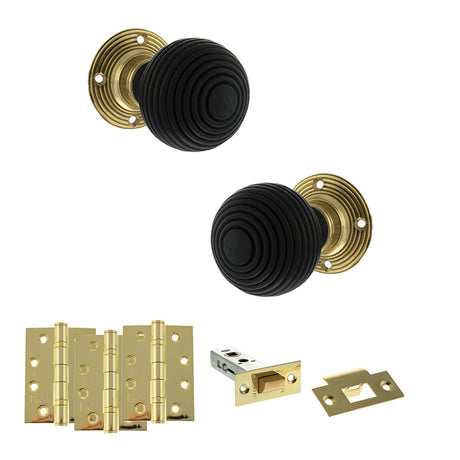 Quality image of Old English Whitby Door Knob Pack (Latch Set - 4" HD Latch, 4" Fire Rated Hinges x3) - Polished Brass | Sku. adpoe60rremkpb57 | available from Trade Door Handles.
