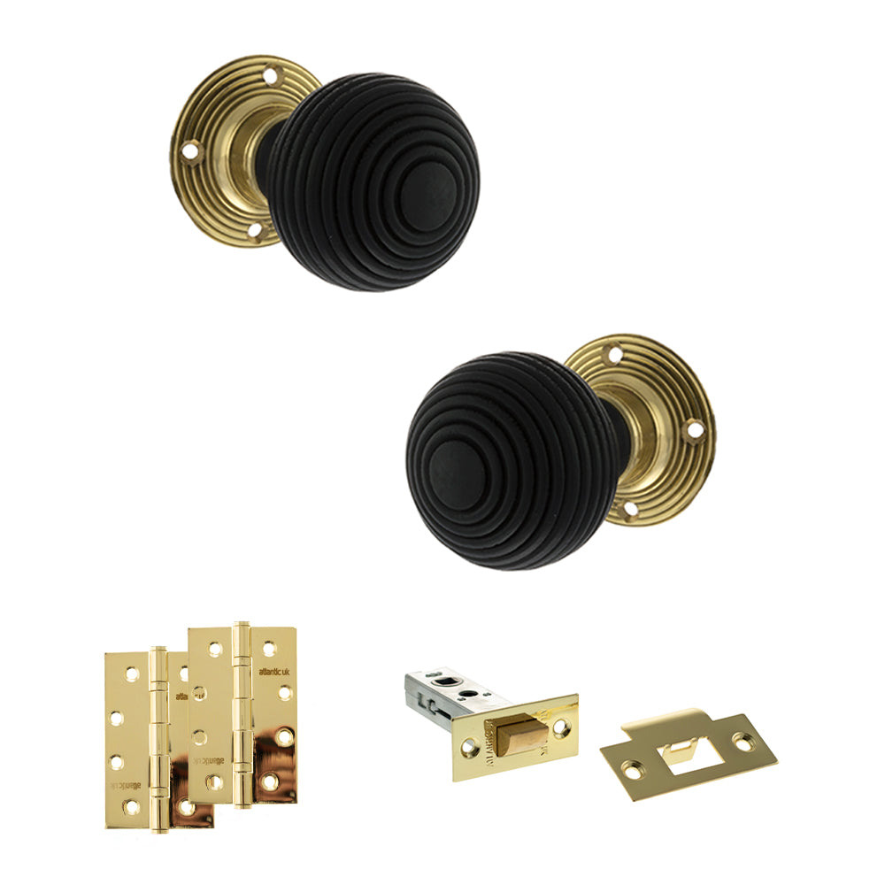 Quality image of Old English Whitby Door Knob Pack (Latch Set - 3" HD Latch, 4" Slim Knuckle Hinges x2) - Polished Brass | Sku. adpoe60rremkpb58 | available from Trade Door Handles.