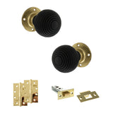 Quality image of Old English Whitby Door Knob Pack (Latch Set - 3" HD Latch, 4" Slim Knuckle Hinges x2) - Polished Brass | Sku. adpoe60rremkpb58 | available from Trade Door Handles.