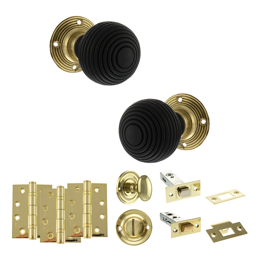 Quality image of Old English Whitby Door Knob Pack (Bathroom Set - 4" Deadbolt, 4" Fire Rated Hinges x3) - Polished Brass | Sku. adpoe60rremkpb63 | available from Trade Door Handles.