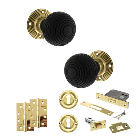 Quality image of Old English Whitby Door Knob Pack (Lock Set - 3" Latch & Deadlock, 4" Slim Knuckle Hinges x2) - Polished Brass | Sku. adpoe60rremkpb68 | available from Trade Door Handles.