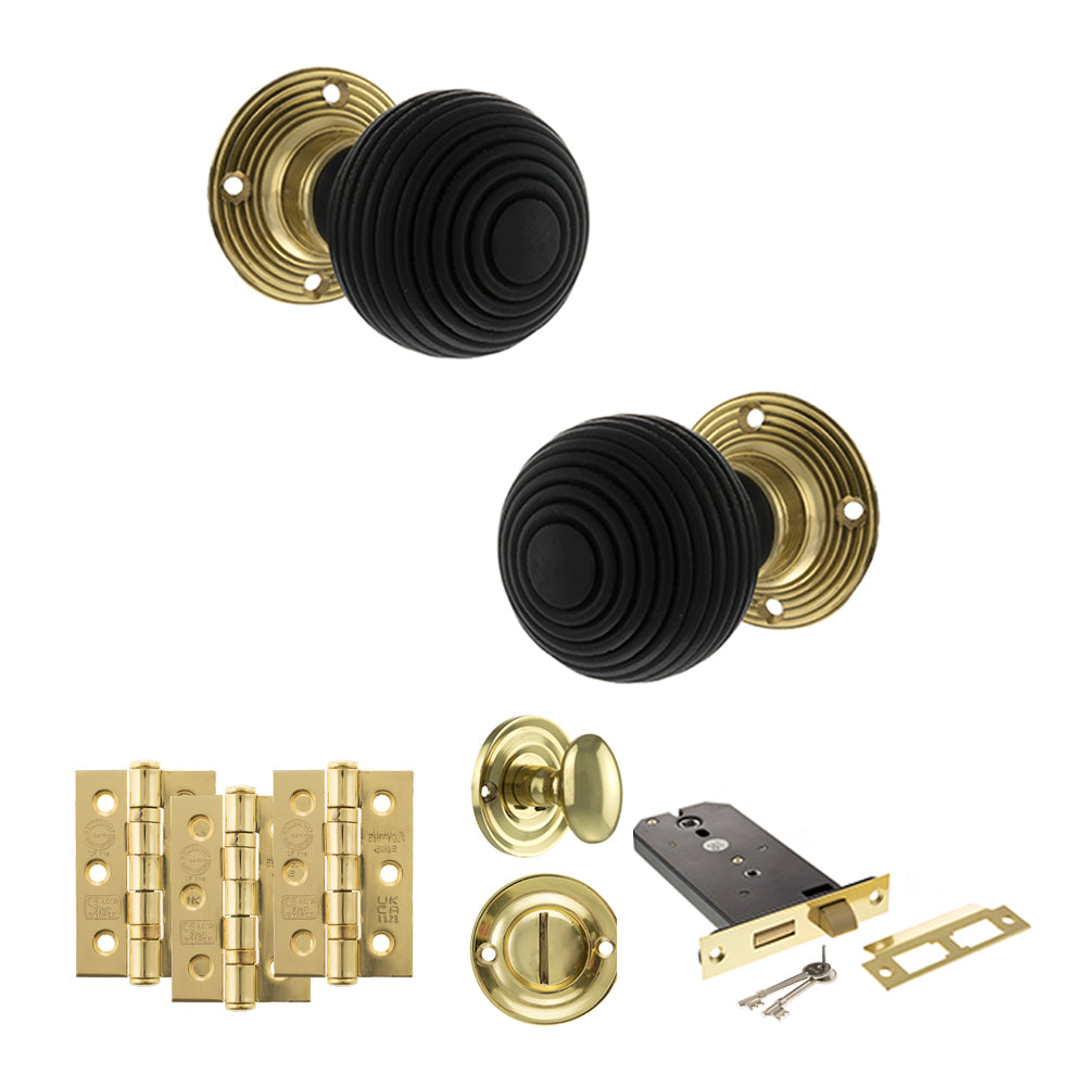Quality image of Old English Whitby Door Knob Pack (Lock Set - Horizontal Bathlock, 3" Fire Rated Hinges x3) - Polished Brass | Sku. adpoe60rremkpb70 | available from Trade Door Handles.