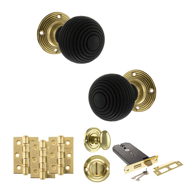 Quality image of Old English Whitby Door Knob Pack (Lock Set - Horizontal Bathlock, 3" Fire Rated Hinges x3) - Polished Brass | Sku. adpoe60rremkpb70 | available from Trade Door Handles.