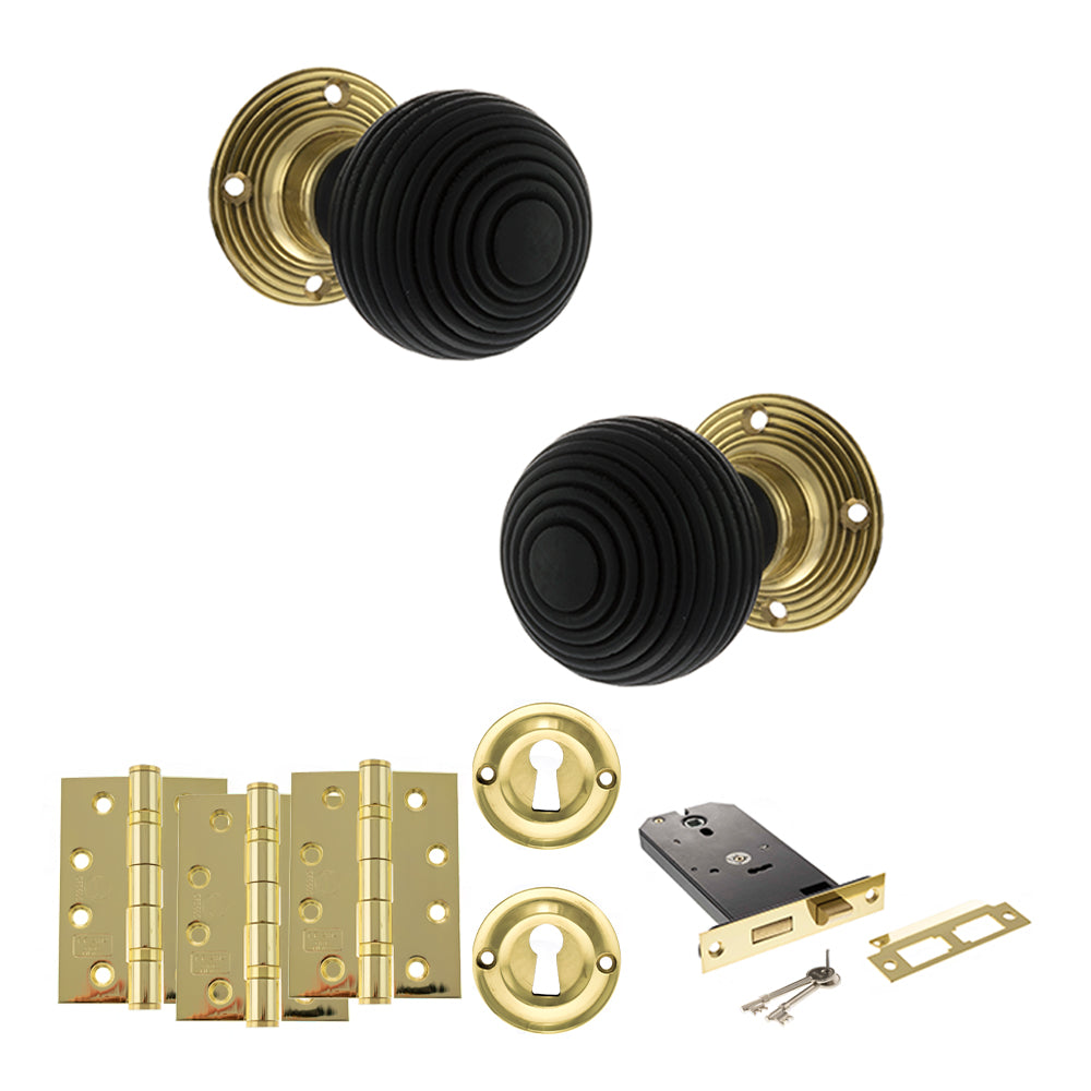 Quality image of Old English Whitby Door Knob Pack (Lock Set - Horizontal Sashlock, 4" Fire Rated Hinges x3) - Polished Brass | Sku. adpoe60rremkpb71 | available from Trade Door Handles.