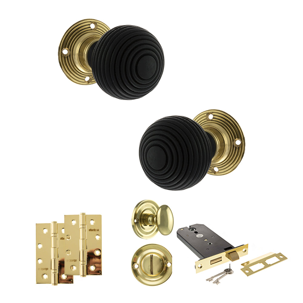 Quality image of Old English Whitby Door Knob Pack (Lock Set - Horizontal Bathlock, 4" Slim Knuckle Hinges x2) - Polished Brass | Sku. adpoe60rremkpb74 | available from Trade Door Handles.