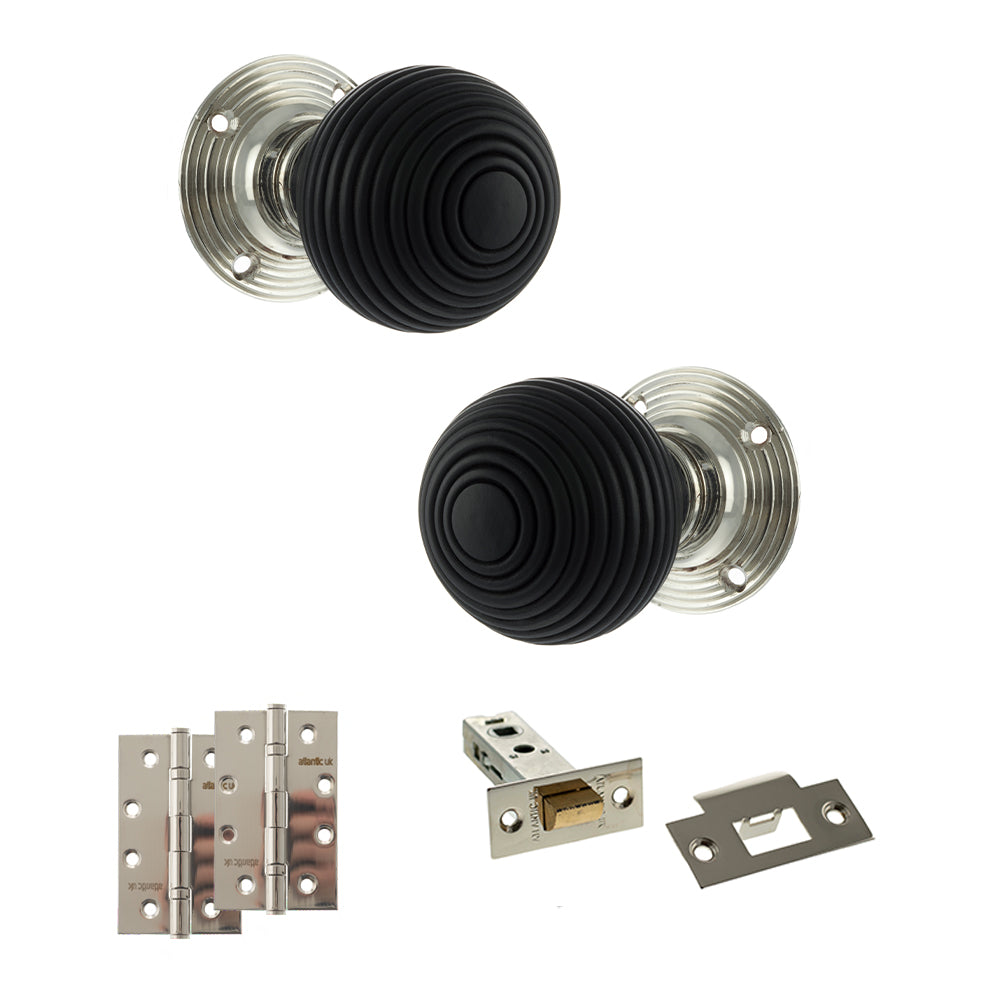 Quality image of Old English Whitby Door Knob Pack (Latch Set - 3" HD Latch, 4" Slim Knuckle Hinges x2) - Polished Nickel | Sku. adpoe60rremkpn58 | available from Trade Door Handles.