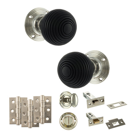 Quality image of Old English Whitby Door Knob Pack (Bathroom Set - 3" Deadbolt, 3" Fire Rated Hinges x3) - Polished Nickel | Sku. adpoe60rremkpn60 | available from Trade Door Handles.