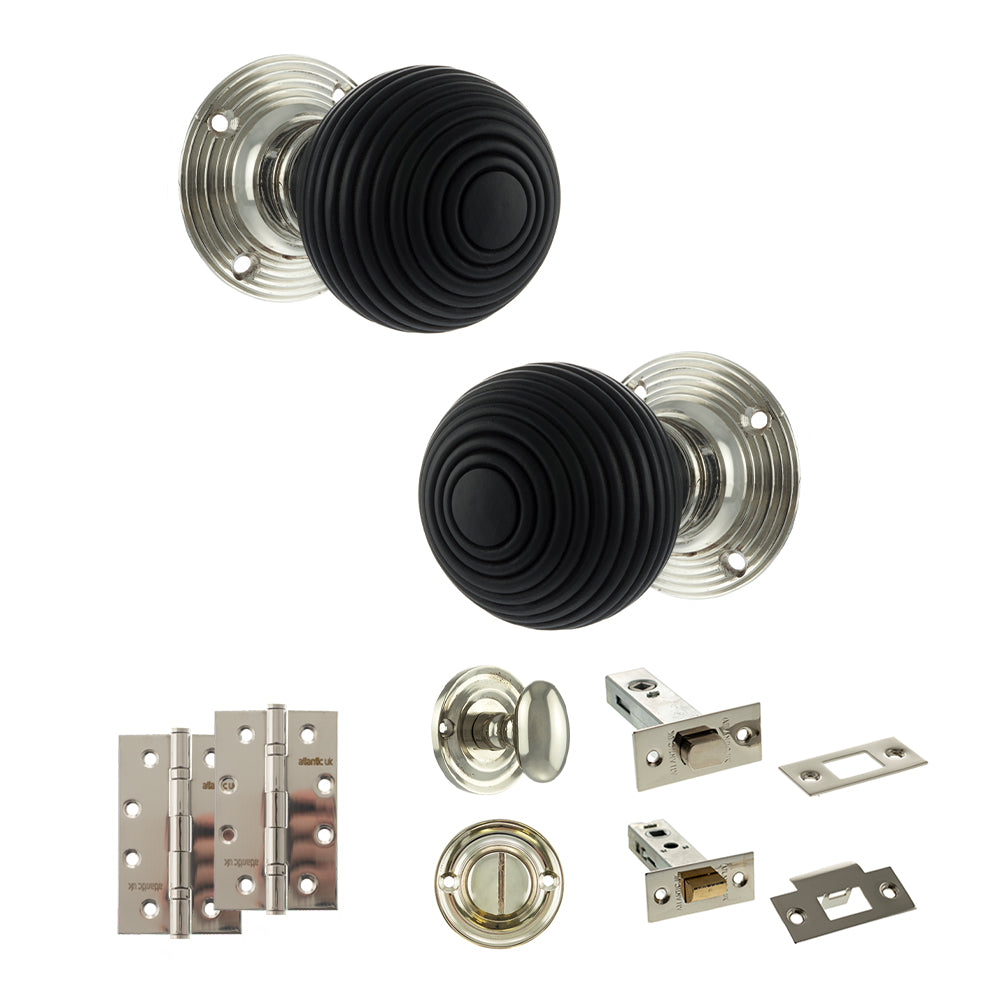 Quality image of Old English Whitby Door Knob Pack (Bathroom Set - 4" Deadbolt, 4" Slim Knuckle Hinges x2) - Polished Nickel | Sku. adpoe60rremkpn65 | available from Trade Door Handles.