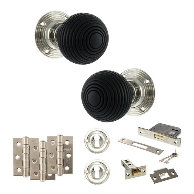 Quality image of Old English Whitby Door Knob Pack (Lock Set - 3" Latch & Deadlock, 3" Fire Rated Hinges x3) - Polished Nickel | Sku. adpoe60rremkpn66 | available from Trade Door Handles.