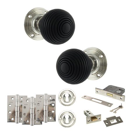 Quality image of Old English Whitby Door Knob Pack (Lock Set - 3" Latch & Deadlock, 4" Fire Rated Hinges x3) - Polished Nickel | Sku. adpoe60rremkpn67 | available from Trade Door Handles.