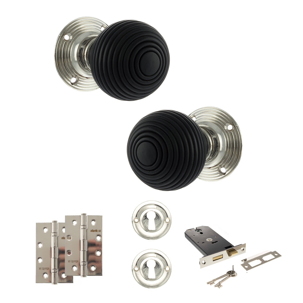 Quality image of Old English Whitby Door Knob Pack (Lock Set - Horizontal Sashlock, 4" Slim Knuckle Hinges x2) - Polished Nickel | Sku. adpoe60rremkpn73 | available from Trade Door Handles.