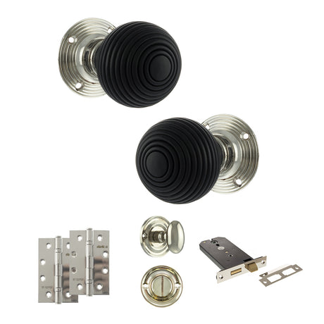 Quality image of Old English Whitby Door Knob Pack (Lock Set - Horizontal Bathlock, 4" Slim Knuckle Hinges x2) - Polished Nickel | Sku. adpoe60rremkpn74 | available from Trade Door Handles.
