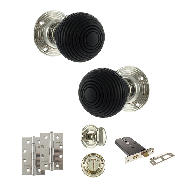 Quality image of Old English Whitby Door Knob Pack (Lock Set - Horizontal Bathlock, 4" Slim Knuckle Hinges x2) - Polished Nickel | Sku. adpoe60rremkpn74 | available from Trade Door Handles.