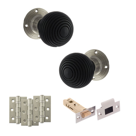 Quality image of Old English Whitby Door Knob Pack (Latch Set - 3" HD Latch, 3" Fire Rated Hinges x3) - Satin Nickel | Sku. adpoe60rremksn54 | available from Trade Door Handles.