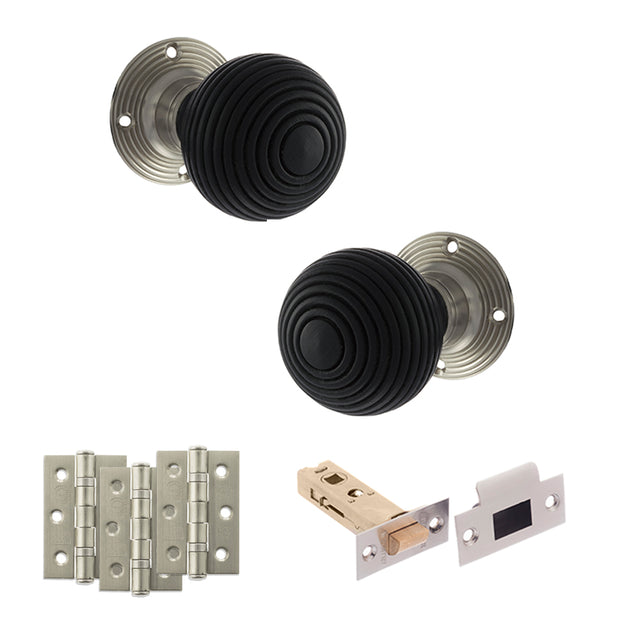 Quality image of Old English Whitby Door Knob Pack (Latch Set - 4" HD Latch, 3" Fire Rated Hinges x3) - Satin Nickel | Sku. adpoe60rremksn55 | available from Trade Door Handles.