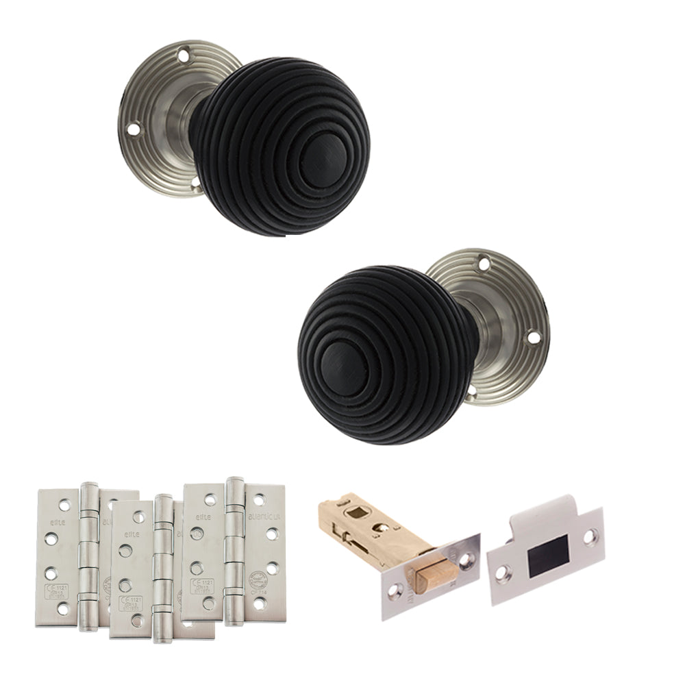 Quality image of Old English Whitby Door Knob Pack (Latch Set - 3" HD Latch, 4" Fire Rated Hinges x3) - Satin Nickel | Sku. adpoe60rremksn56 | available from Trade Door Handles.