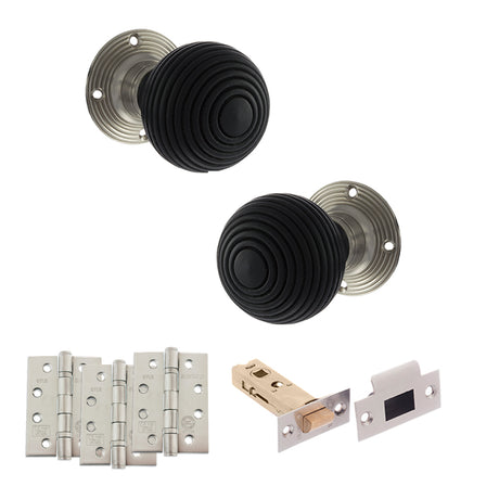 Quality image of Old English Whitby Door Knob Pack (Latch Set - 4" HD Latch, 4" Fire Rated Hinges x3) - Satin Nickel | Sku. adpoe60rremksn57 | available from Trade Door Handles.