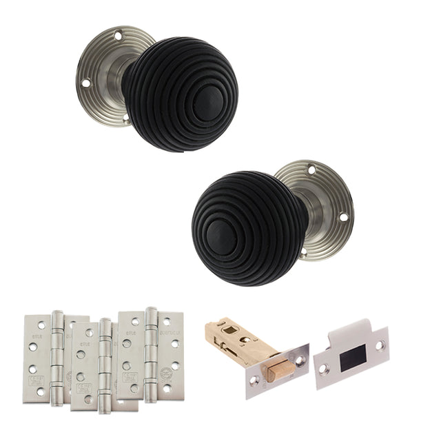 Quality image of Old English Whitby Door Knob Pack (Latch Set - 4" HD Latch, 4" Fire Rated Hinges x3) - Satin Nickel | Sku. adpoe60rremksn57 | available from Trade Door Handles.