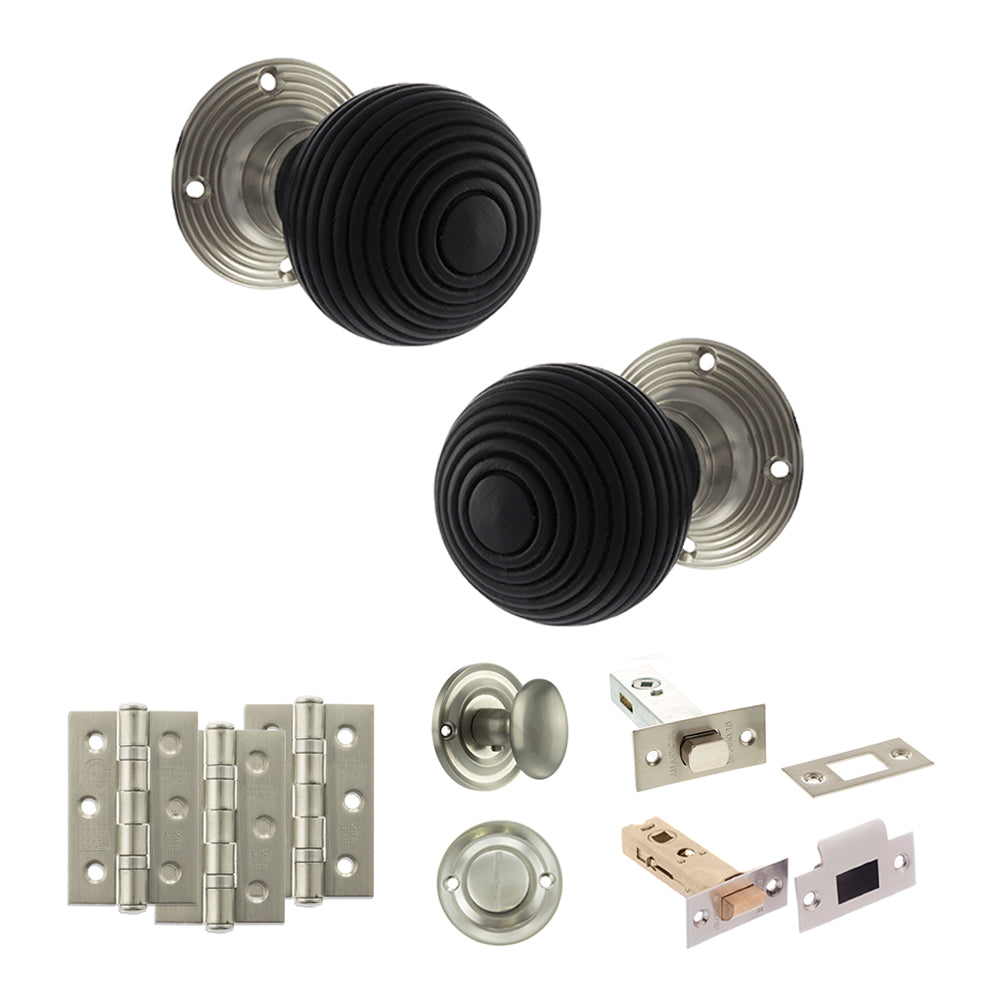 Quality image of Old English Whitby Door Knob Pack (Bathroom Set - 3" Deadbolt, 3" Fire Rated Hinges x3) - Satin Nickel | Sku. adpoe60rremksn60 | available from Trade Door Handles.