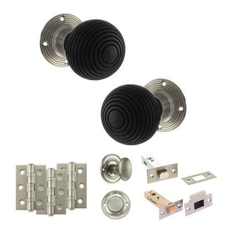 Quality image of Old English Whitby Door Knob Pack (Bathroom Set - 4" Deadbolt, 3" Fire Rated Hinges x3) - Satin Nickel | Sku. adpoe60rremksn61 | available from Trade Door Handles.
