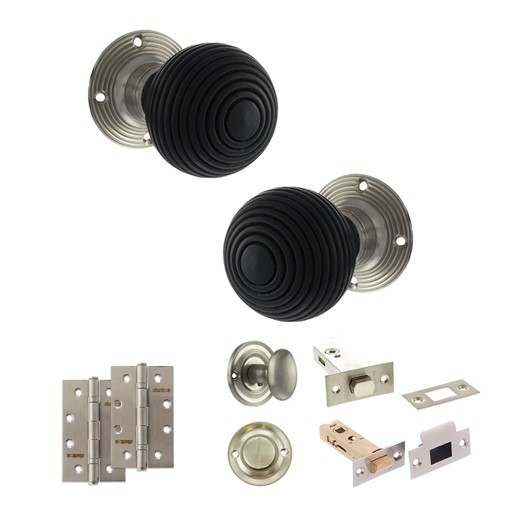 Quality image of Old English Whitby Door Knob Pack (Bathroom Set - 3" Deadbolt, 4" Slim Knuckle Hinges x2) - Satin Nickel | Sku. adpoe60rremksn64 | available from Trade Door Handles.