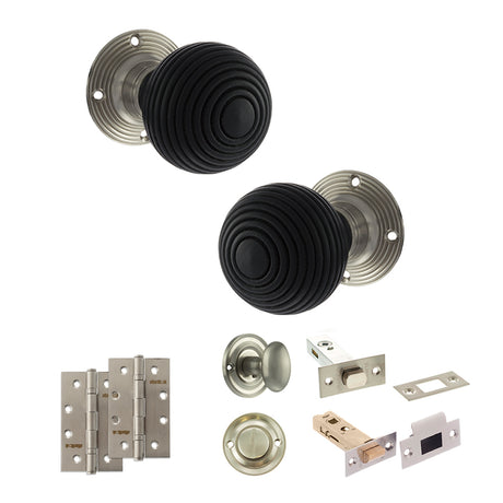 Quality image of Old English Whitby Door Knob Pack (Bathroom Set - 3" Deadbolt, 4" Slim Knuckle Hinges x2) - Satin Nickel | Sku. adpoe60rremksn64 | available from Trade Door Handles.