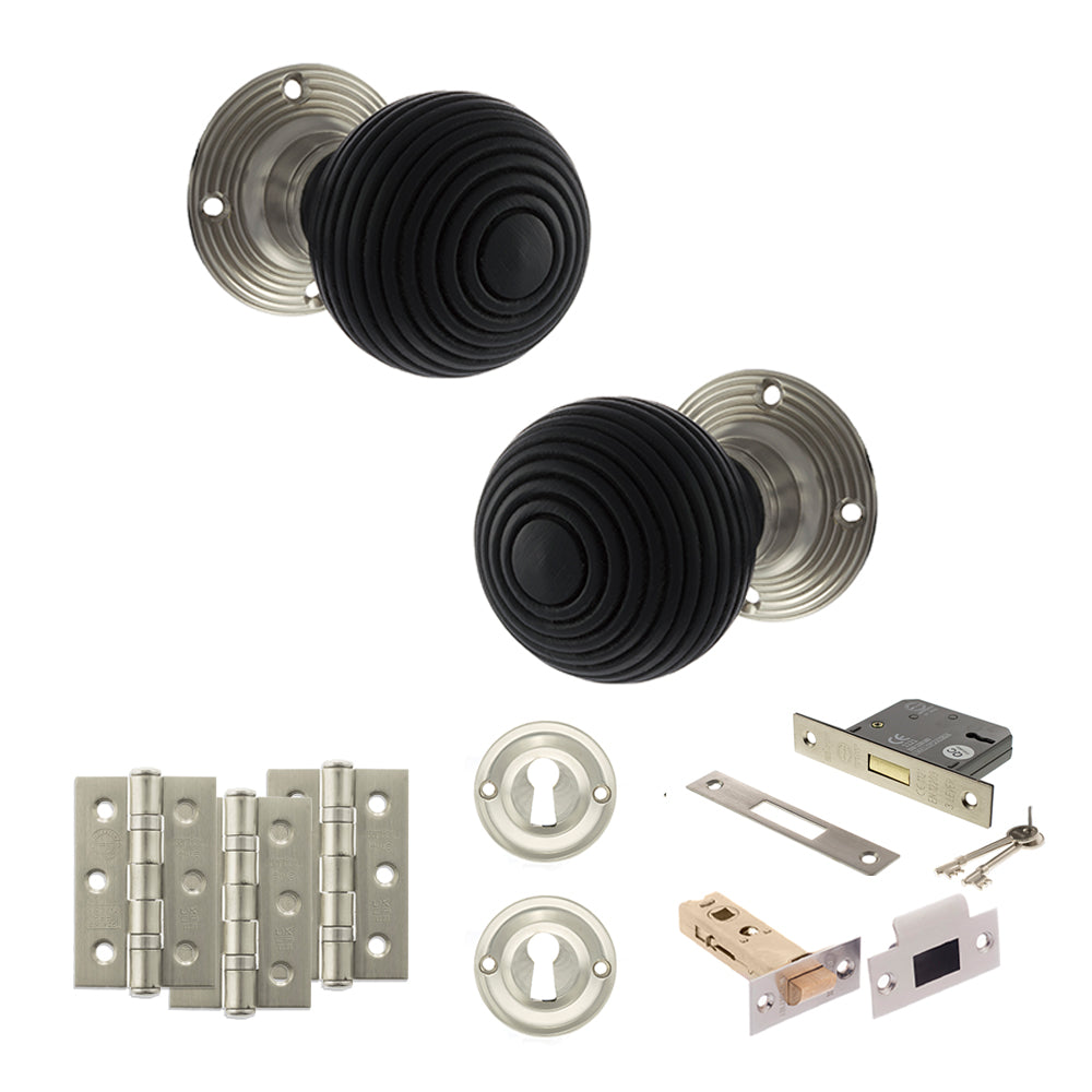 Quality image of Old English Whitby Door Knob Pack (Lock Set - 3" Latch & Deadlock, 3" Fire Rated Hinges x3) - Satin Nickel | Sku. adpoe60rremksn66 | available from Trade Door Handles.