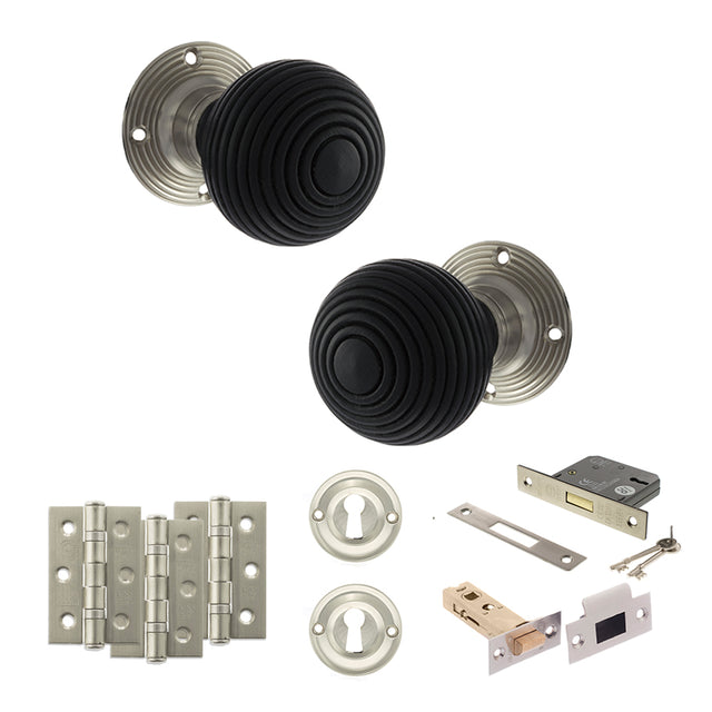 Quality image of Old English Whitby Door Knob Pack (Lock Set - 3" Latch & Deadlock, 3" Fire Rated Hinges x3) - Satin Nickel | Sku. adpoe60rremksn66 | available from Trade Door Handles.
