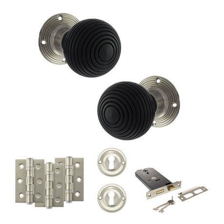 Quality image of Old English Whitby Door Knob Pack (Lock Set - Horizontal Sashlock, 3" Fire Rated Hinges x3) - Satin Nickel | Sku. adpoe60rremksn69 | available from Trade Door Handles.