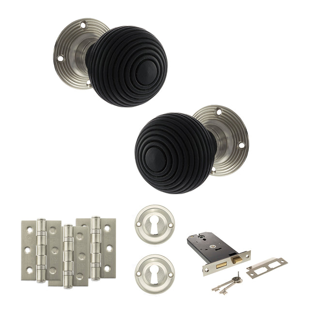 Quality image of Old English Whitby Door Knob Pack (Lock Set - Horizontal Sashlock, 3" Fire Rated Hinges x3) - Satin Nickel | Sku. adpoe60rremksn69 | available from Trade Door Handles.