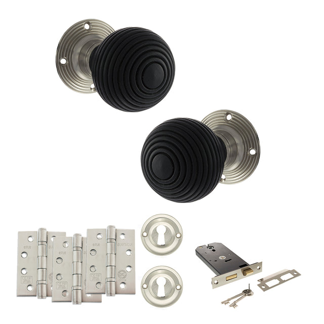 Quality image of Old English Whitby Door Knob Pack (Lock Set - Horizontal Sashlock, 4" Fire Rated Hinges x3) - Satin Nickel | Sku. adpoe60rremksn71 | available from Trade Door Handles.