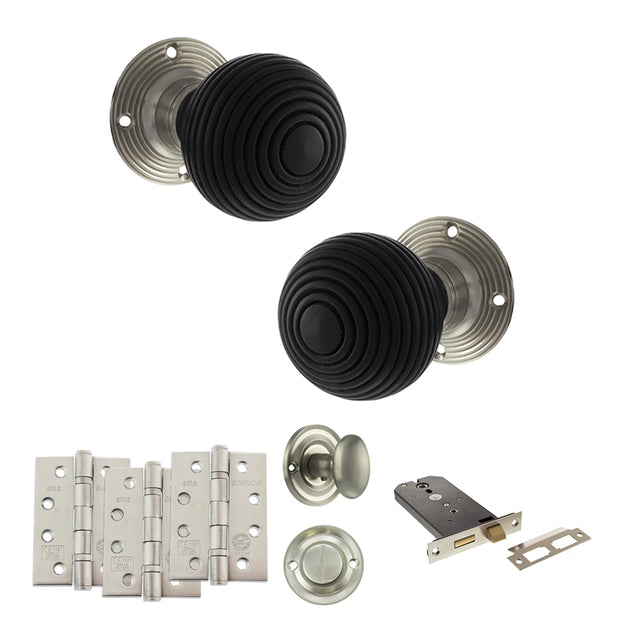 Quality image of Old English Whitby Door Knob Pack (Lock Set - Horizontal Bathlock, 4" Fire Rated Hinges x3) - Satin Nickel | Sku. adpoe60rremksn72 | available from Trade Door Handles.