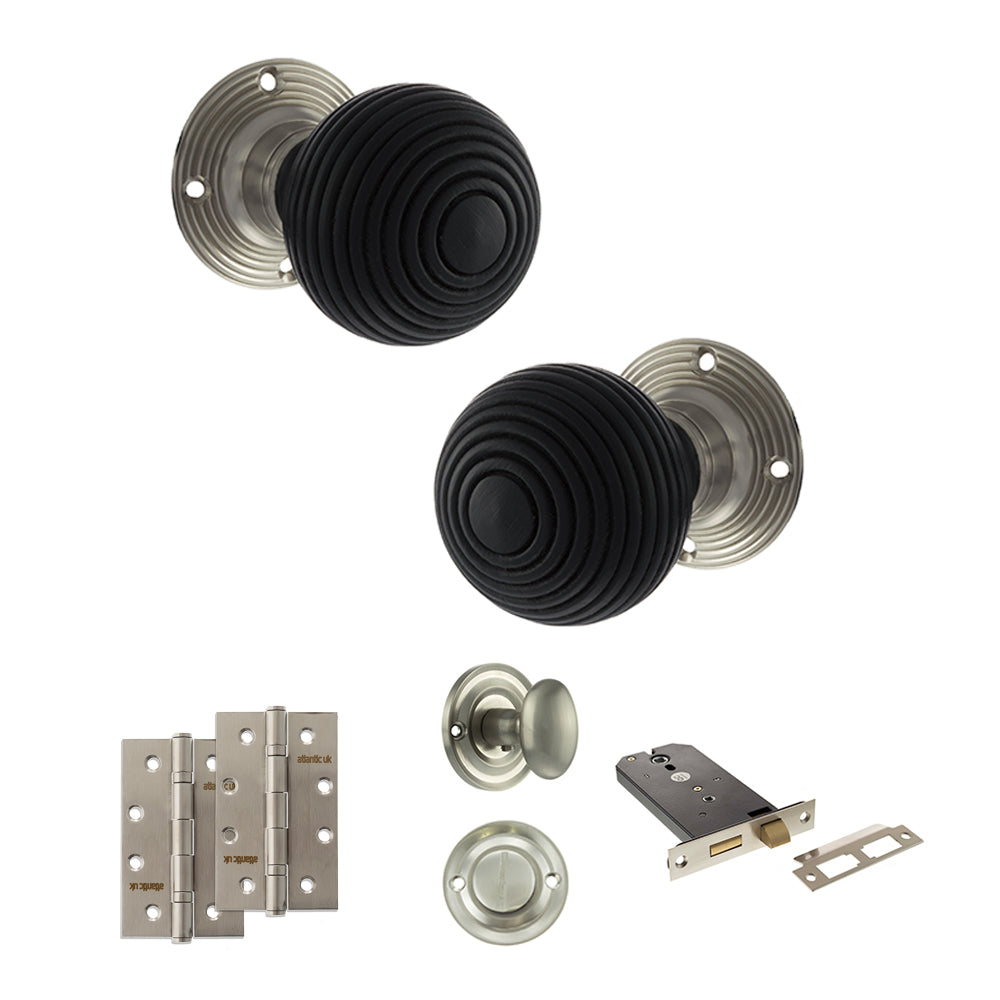 Quality image of Old English Whitby Door Knob Pack (Lock Set - Horizontal Bathlock, 4" Slim Knuckle Hinges x2) - Satin Nickel | Sku. adpoe60rremksn74 | available from Trade Door Handles.