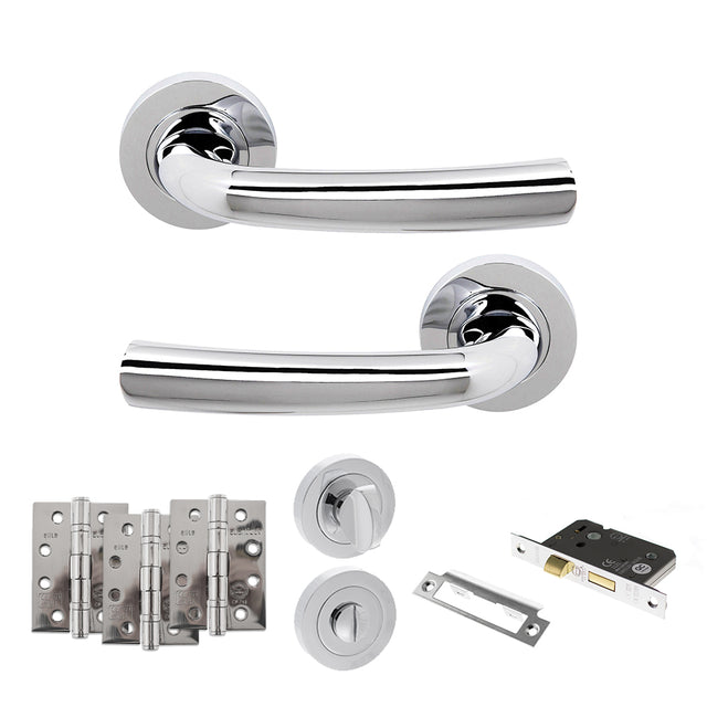 Quality image of STATUS Nevada Door Handle Pack (Bathroom Set - 3" CE Bathroom Lock, 4" Fire Rated Hinges x3) - Polished Chrome | Sku. adps21rpc11 | available from Trade Door Handles.