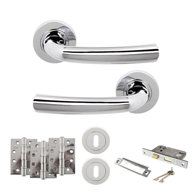 Quality image of STATUS Nevada Door Handle Pack (3 Lever Lock Set - 3" CE Sashlock, 4" Fire Rated Hinges x3) - Polished Chrome | Sku. adps21rpc17 | available from Trade Door Handles.