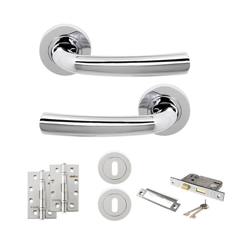 Quality image of STATUS Nevada Door Handle Pack (3 Lever Lock Set - 3" CE Sashlock, 4" Slim Knuckle Hinges x2) - Polished Chrome | Sku. adps21rpc19 | available from Trade Door Handles.