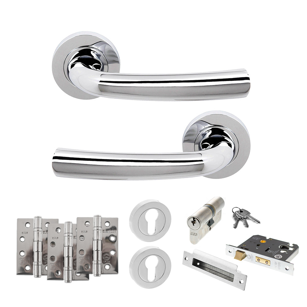 Quality image of STATUS Nevada Door Handle Pack (Euro Lock Set - 3" CE Sashlock, 4" Fire Rated Hinges x3) - Polished Chrome | Sku. adps21rpc23 | available from Trade Door Handles.