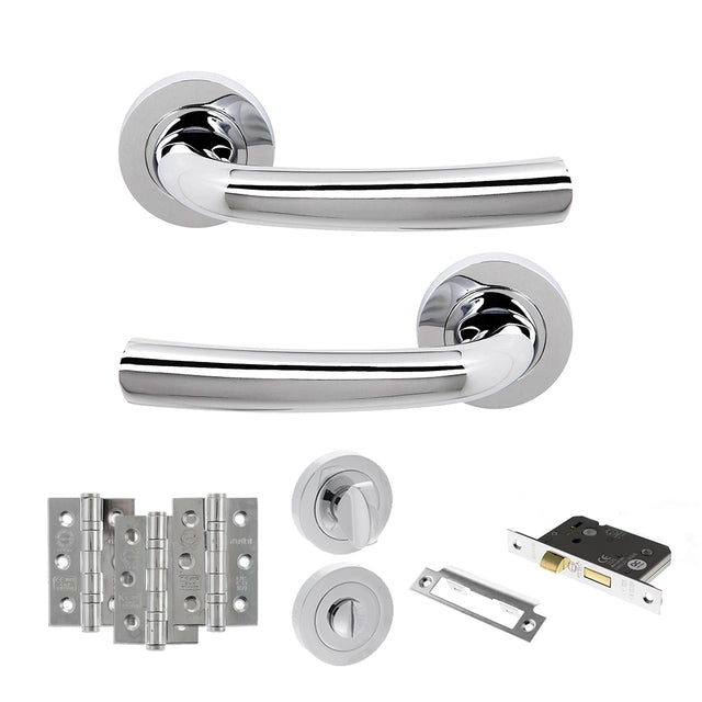 Quality image of STATUS Nevada Door Handle Pack (Bathroom Set - 3" CE Bathroom Lock, 3" Fire Rated Hinges x3) - Polished Chrome | Sku. adps21rpc9 | available from Trade Door Handles.