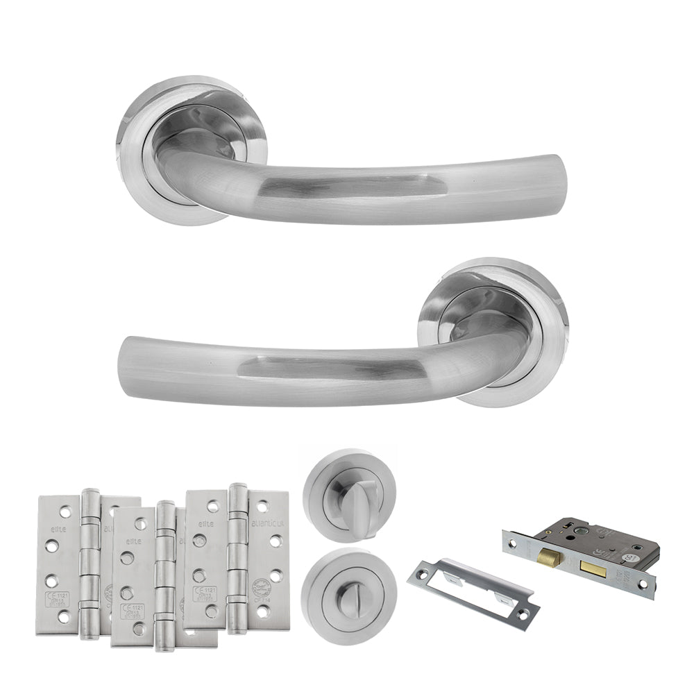 Quality image of STATUS Nevada Door Handle Pack (Bathroom Set - 2.5" CE Bathroom Lock, 4" Fire Rated Hinges x3) - Satin Chrome | Sku. adps21rsc10 | available from Trade Door Handles.