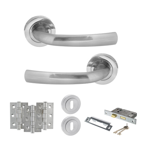 Quality image of STATUS Nevada Door Handle Pack (3 Lever Lock Set - 3" CE Sashlock, 3" Fire Rated Hinges x3) - Satin Chrome | Sku. adps21rsc15 | available from Trade Door Handles.