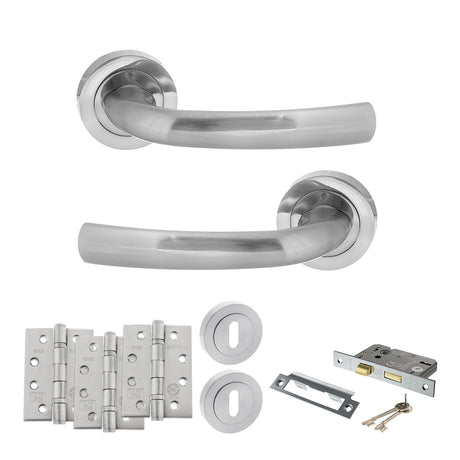 Quality image of STATUS Nevada Door Handle Pack (3 Lever Lock Set - 3" CE Sashlock, 4" Fire Rated Hinges x3) - Satin Chrome | Sku. adps21rsc17 | available from Trade Door Handles.