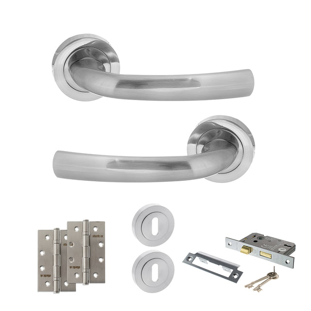 Quality image of STATUS Nevada Door Handle Pack (3 Lever Lock Set - 3" CE Sashlock, 4" Slim Knuckle Hinges x2) - Satin Chrome | Sku. adps21rsc19 | available from Trade Door Handles.